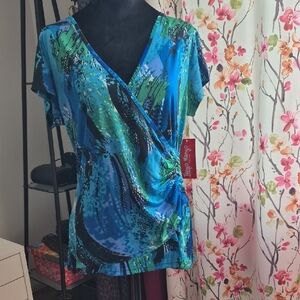 Tango Mango Vibrant Blue and Green Wrap Blouse